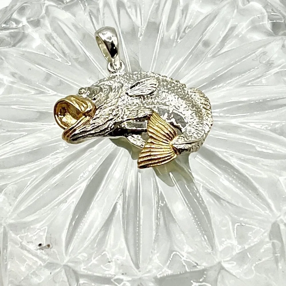 Sterling Silver Polished Jumping Bass with 14k Accents Pendant